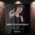 Birthday party custom photo black white modern guy tapestry<br><div class="desc">A tapestry for a 21st (or any age) birthday party for guys. An elegant modern black background. Personalise and add your own high quality photo of the birthday boy/man. The text: The name is white with a modern hand lettered style script. Tempates for a name, age 21 and a date....</div>