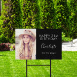Birthday party custom photo black white woman garden sign<br><div class="desc">Celebrating a 21st (or any age) milestone birthday for a girl/woman.  An elegant modern black background. Personalise and add your own photo of the birthday girl.  The text: The name in white with a modern hand lettered style script. Personalise and add a name,  age 21 and a date.</div>