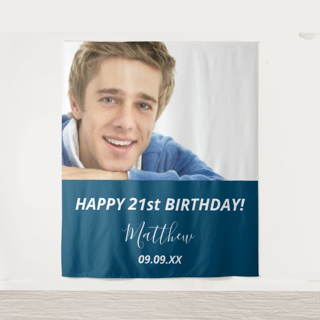 Birthday party custom photo blue white modern guy tapestry (Front)