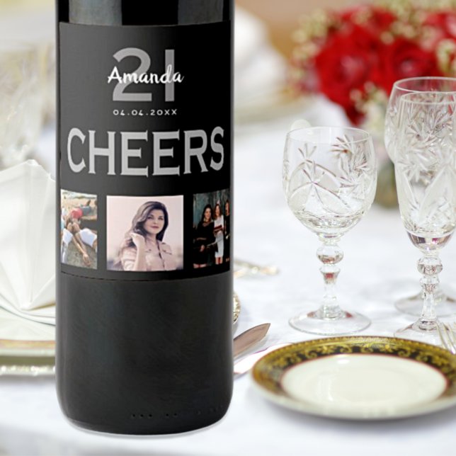 Birthday party custom photo collage black cheers wine label (Creator Uploaded)