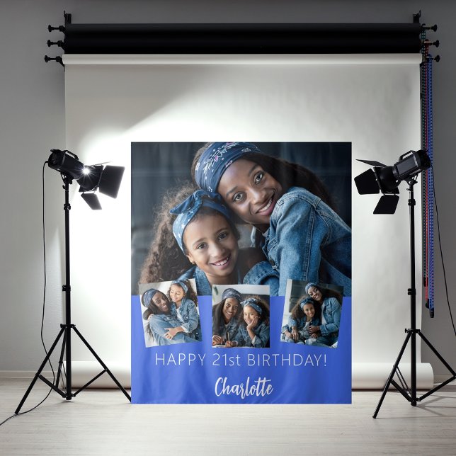 Birthday party custom photo collage royal blue tapestry (Creator Uploaded)
