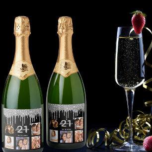 Birthday party custom photo glitter black silver sparkling wine label