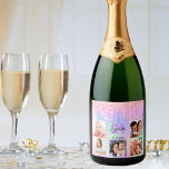 Birthday party custom photo rainbow glitter pink sparkling wine label<br><div class="desc">For a 21st (or any age) birthday party, celebrating her life with a collage of 5 of your own photos. Personalise and add a name, age 21 and a date. Date of birth or the date of the party. Purple and dark grey coloured letters. A trendy rainbow coloured background in...</div>