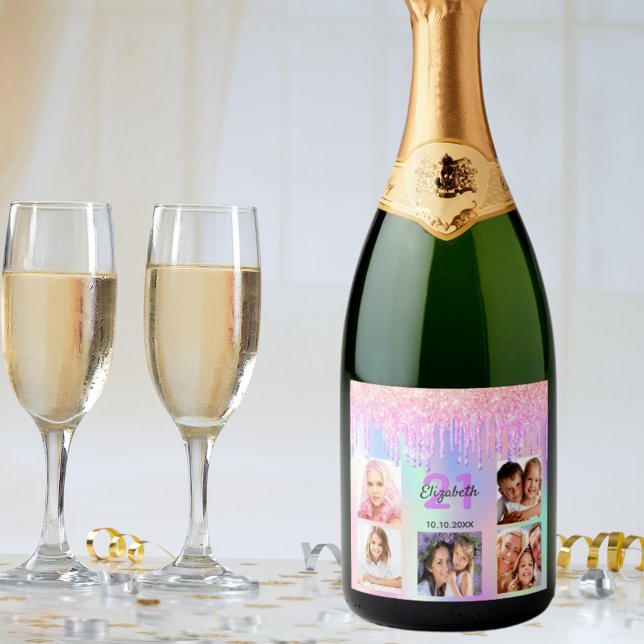 Birthday party custom photo rainbow glitter pink sparkling wine label (Creator Uploaded)
