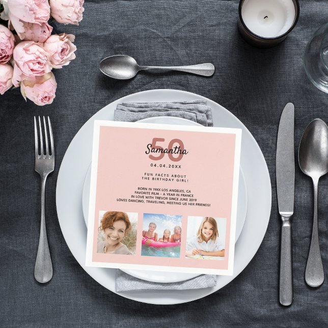 Birthday party custom photo rose gold fun facts napkin (Creator Uploaded)