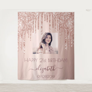 Birthday party custom photo rose gold glitter pink tapestry