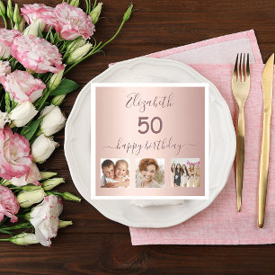 Birthday party custom photo rose gold pink napkin