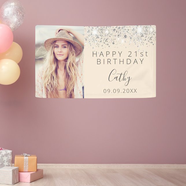Birthday party custom photo silver cream banner (Creator Uploaded)