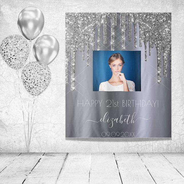 Birthday party custom photo silver glitter glam tapestry (Creator Uploaded)