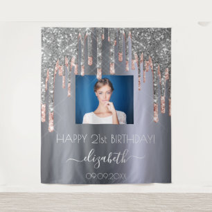 Birthday party custom photo silver glitter pink tapestry
