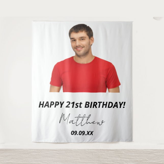 Birthday party custom photo white modern guy tapestry (Front)