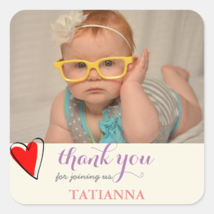Birthday Party Cute Heart Thank You Photo Square Sticker