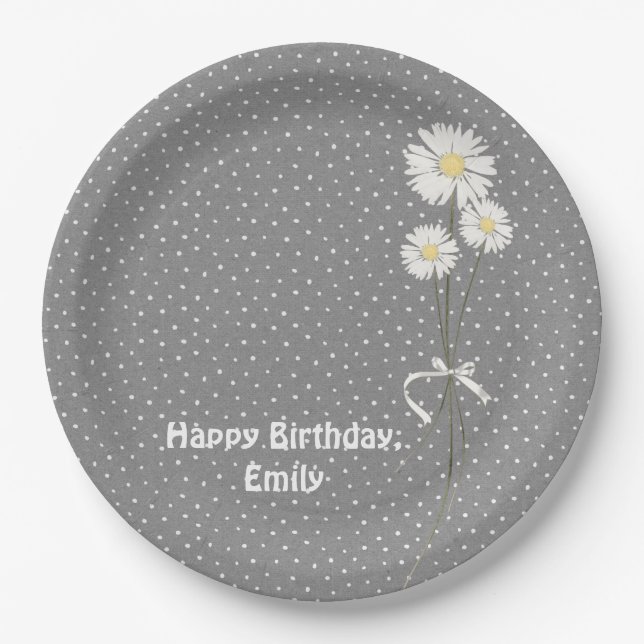 Birthday party daisy bouquet and dots paper plate (Front)