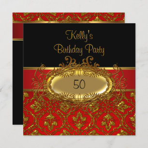 Birthday Party Damask Black Red Gold Invitation