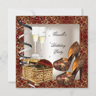Birthday Party Damask Red Gold Shoes Cream Invitation