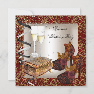 Birthday Party Damask Red Gold Shoes Cream Invitation