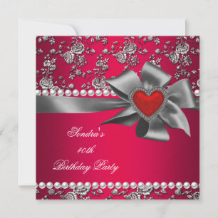 Birthday Party Damask Red Silver White Pearl Invitation