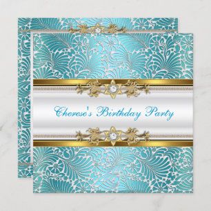 Birthday Party Damask Teal Blue Gold White Diamond Invitation