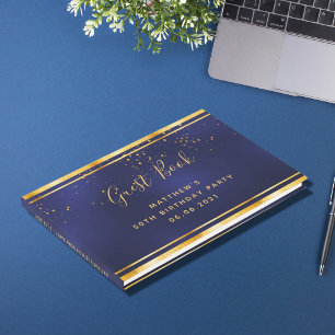 Birthday Party dark blue gold confetti Guest Book