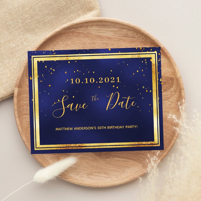 Birthday party dark blue gold save the date postcard (Creator Uploaded)