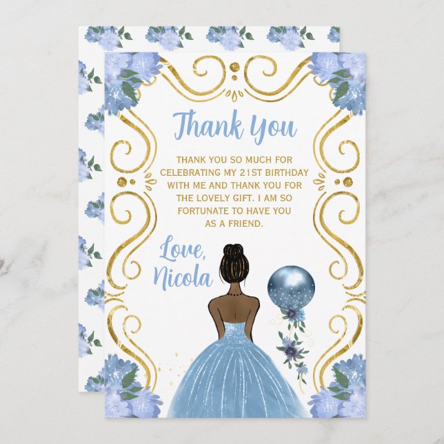 Birthday Party Dark Skin Princess Blue  Thank You Card (Front/Back)