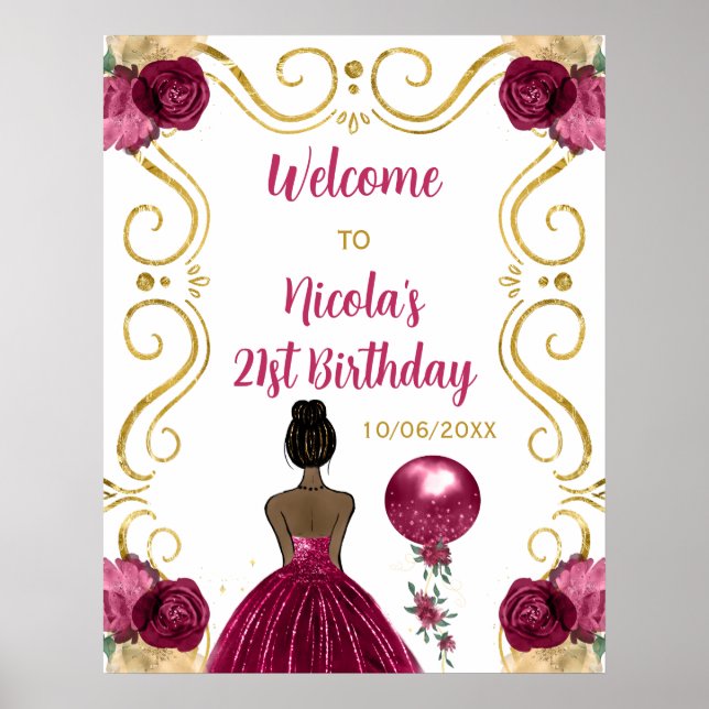 Birthday Party Dark Skin Princess Dark Red Welcome Poster (Front)
