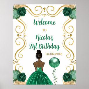 Birthday Party Dark Skin Princess Green Welcome Poster