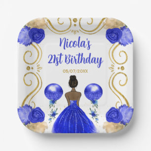 Birthday Party Dark Skin Princess in Blue Paper Plate