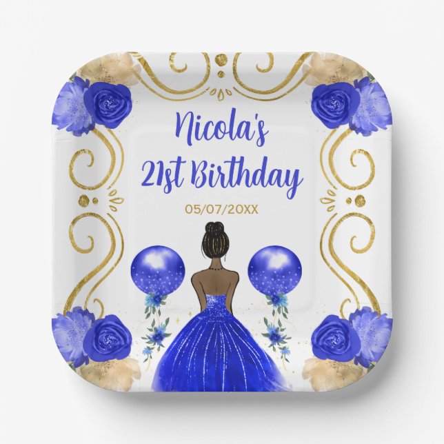 Birthday Party Dark Skin Princess in Blue Paper Plate (Front)