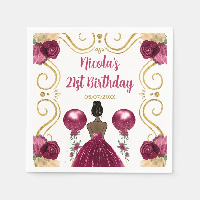 Birthday Party Dark Skin Princess in Burgundy Red Napkin (Front)