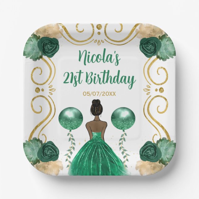 Birthday Party Dark Skin Princess in Green Paper Plate (Front)