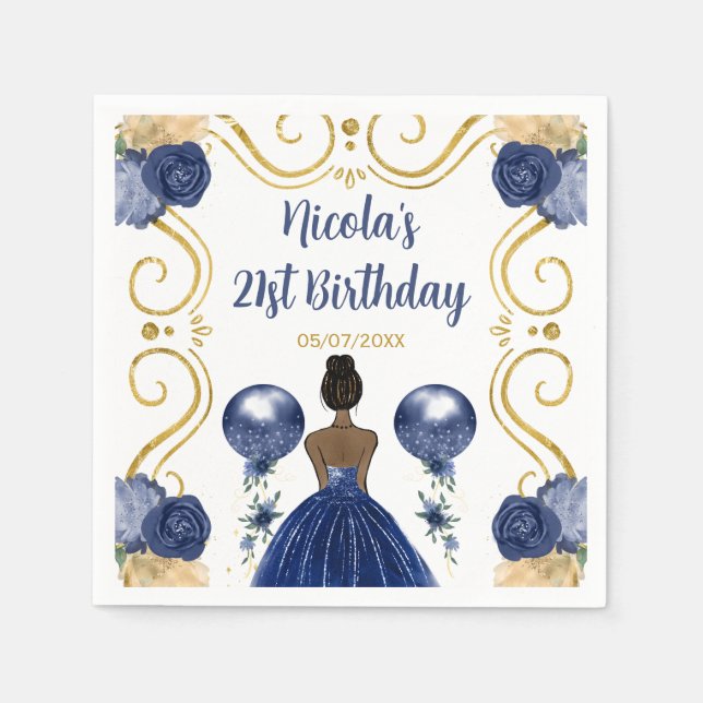 Birthday Party Dark Skin Princess in Navy Blue Napkin (Front)