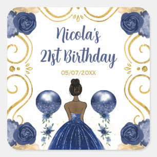 Birthday Party Dark Skin Princess in Navy Blue Square Sticker