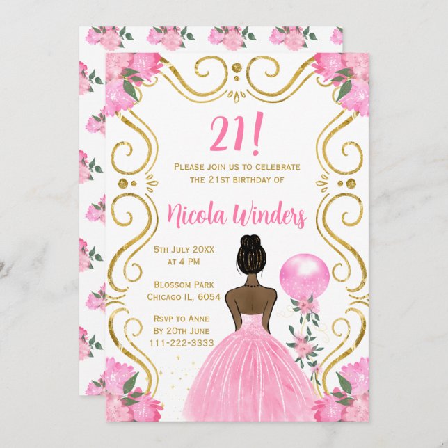 Birthday Party Dark Skin Princess in Pink Invitation (Front/Back)