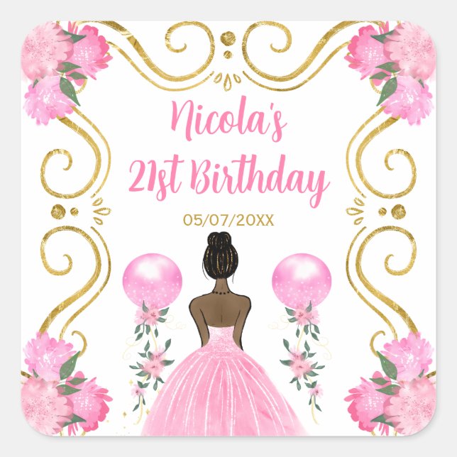 Birthday Party Dark Skin Princess in Pink Square Sticker (Front)