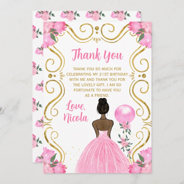 Birthday Party Dark Skin Princess in Pink Thank You Card (Front/Back)
