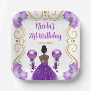 Birthday Party Dark Skin Princess in Purple Paper Plate