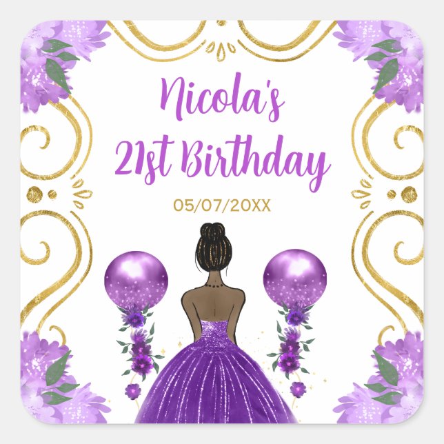 Birthday Party Dark Skin Princess in Purple Square Sticker (Front)