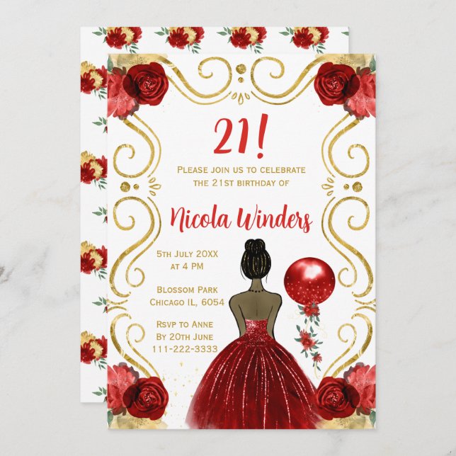 Birthday Party Dark Skin Princess in Red Invitation (Front/Back)
