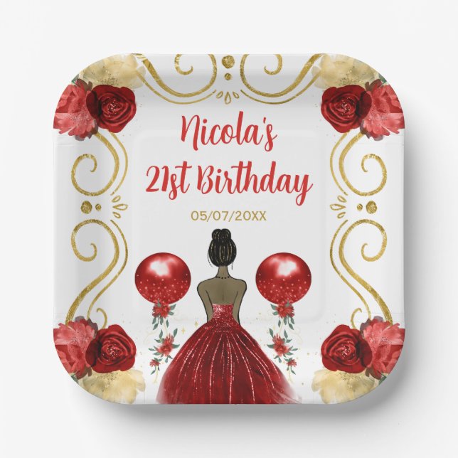 Birthday Party Dark Skin Princess in Red Paper Plate (Front)