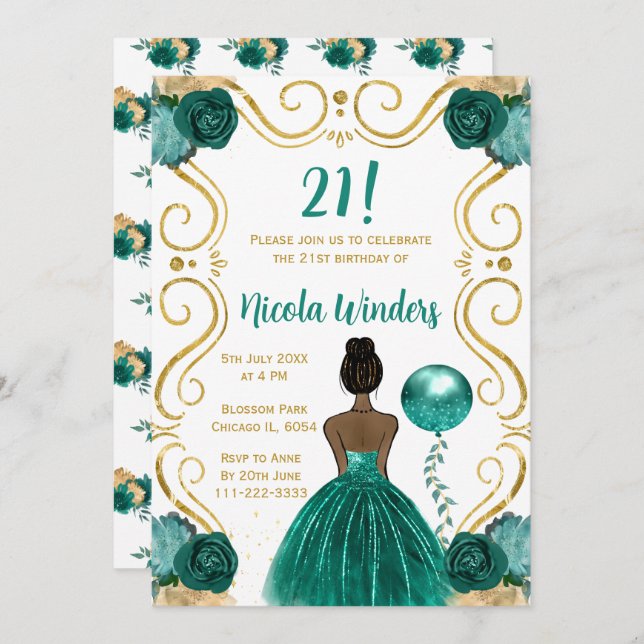 Birthday Party  Dark Skin Princess in Teal Invitation (Front/Back)