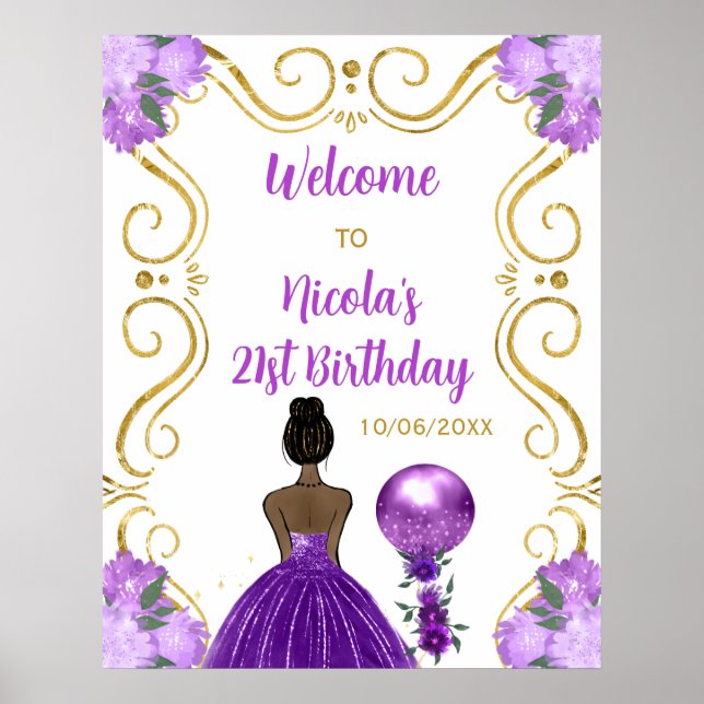 Birthday Party Dark Skin Princess Purple Welcome Poster (Front)