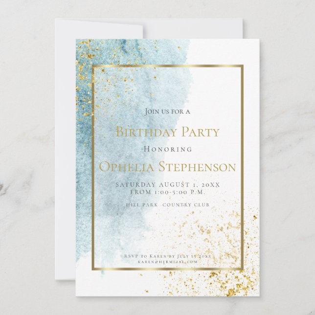 Birthday Party | Denim Blue Watercolor Wash Announcement (Front)