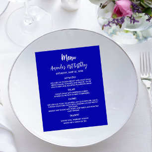 Birthday party dinner menu royal blue white budget