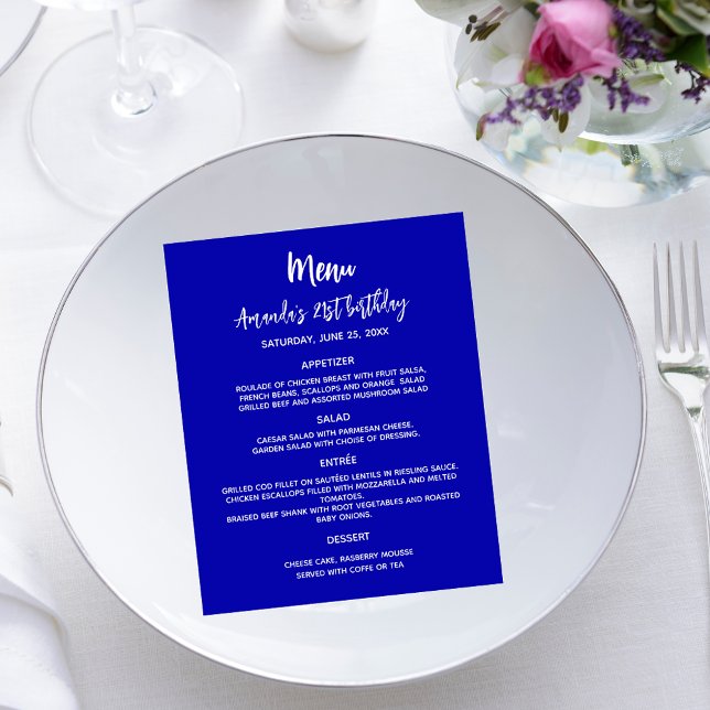 Birthday party dinner menu royal blue white budget (Creator Uploaded)