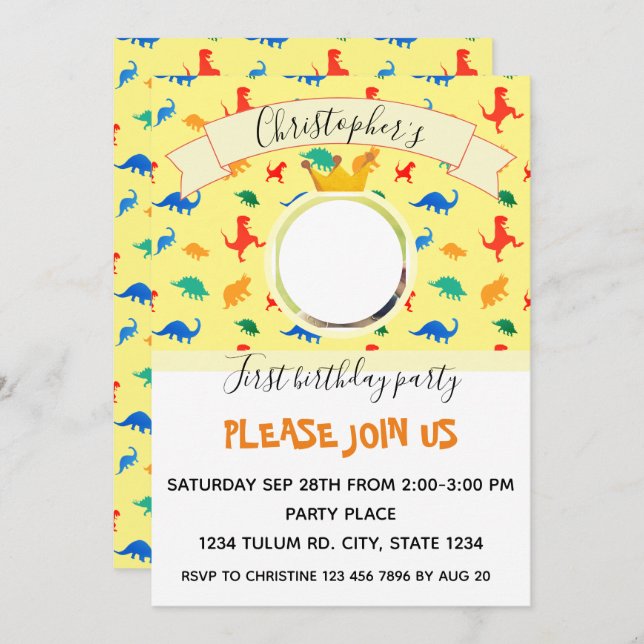 Birthday party Dinosaur baby boy photo Invitation (Front/Back)