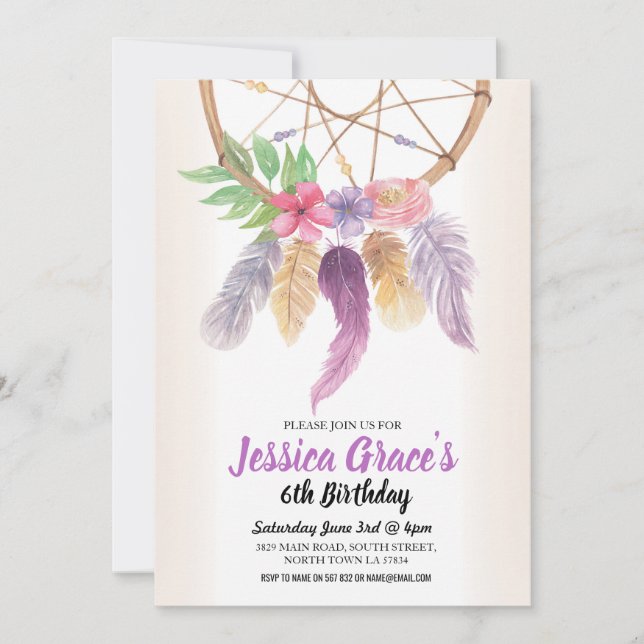 Birthday Party Dreamcatcher Purple Floral Invite (Front)