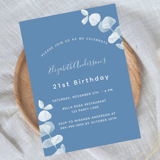 Birthday party dusty blue white eucalyptus invitation (Creator Uploaded)