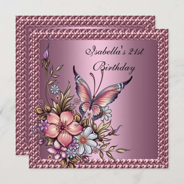 Birthday Party Elegant Floral Butterfly Pink Invitation (Front/Back)
