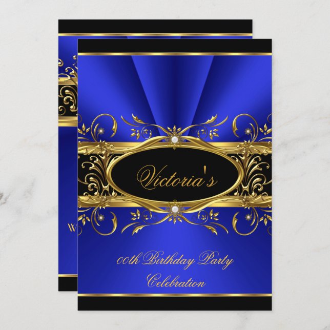 Birthday Party Elegant Royal Blue Gold Black Invitation (Front/Back)